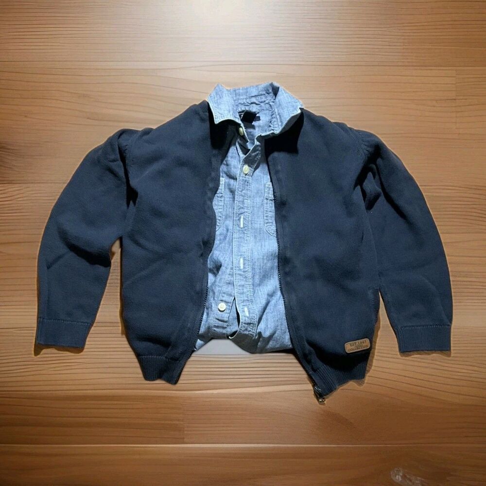 Gap Kids Blue Chambray Button Down & Kiabi Navy Zip Cardigan‎ Set Boys M bundle
